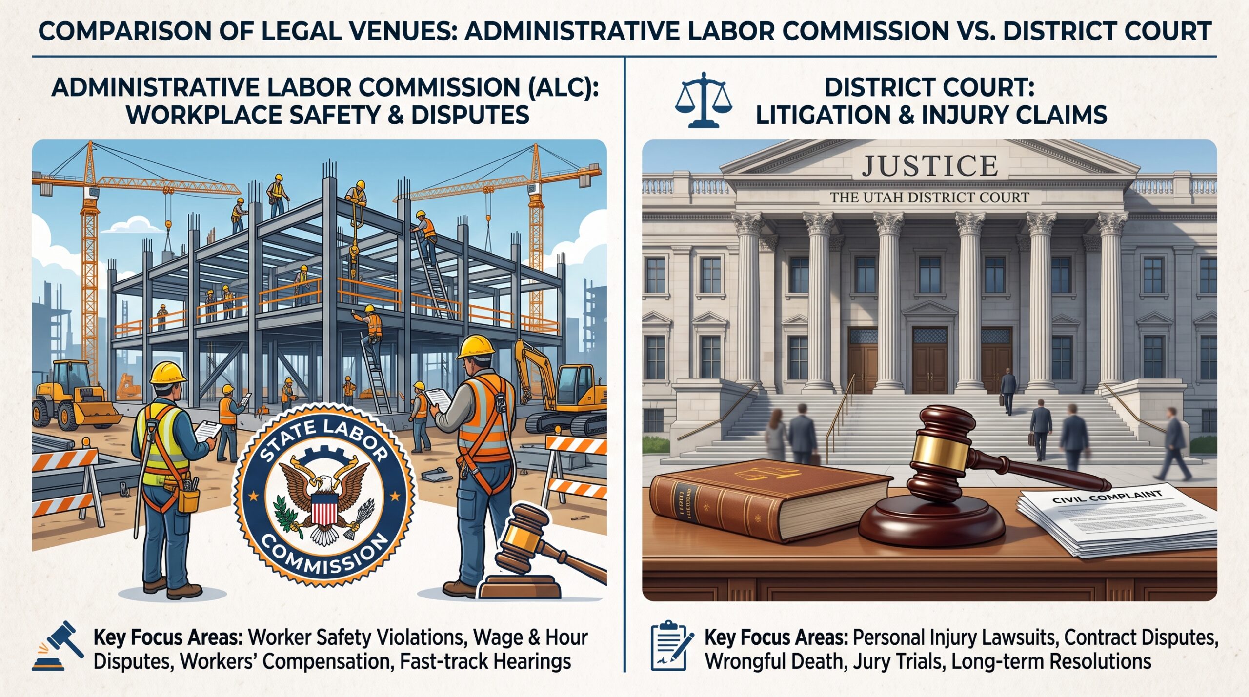 Diagram illustrating the difference between a Utah workers' compensation claim and a personal injury lawsuit.