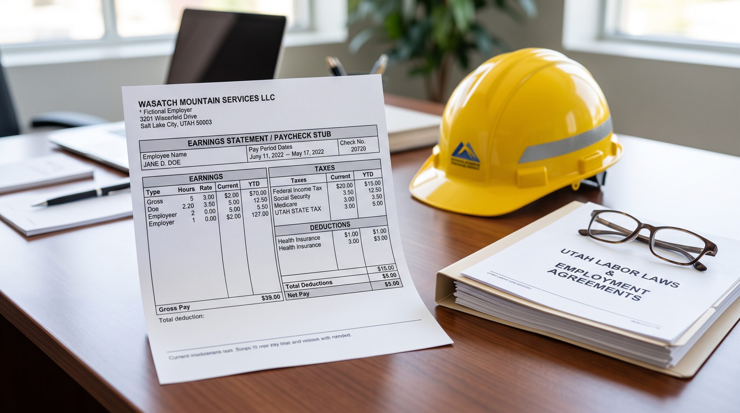 Paycheck stub and document illustrating that Utah employers pay for workers compensation insurance.