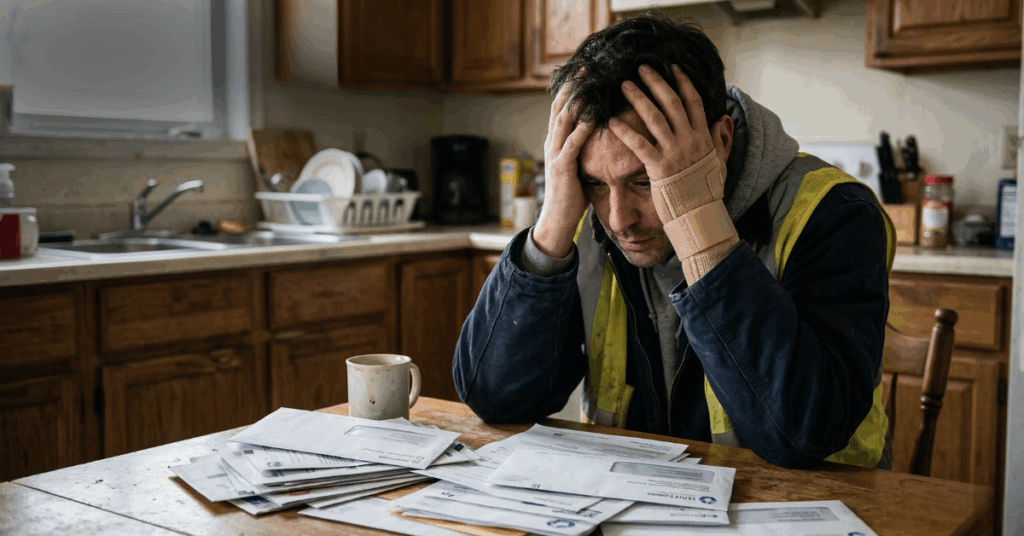 Un trabajador de la construcción herido, con chaleco de alta visibilidad y muñequera, sostiene la cabeza entre las manos en una mesa de cocina cubierta de facturas sin abrir y cartas de denegación.