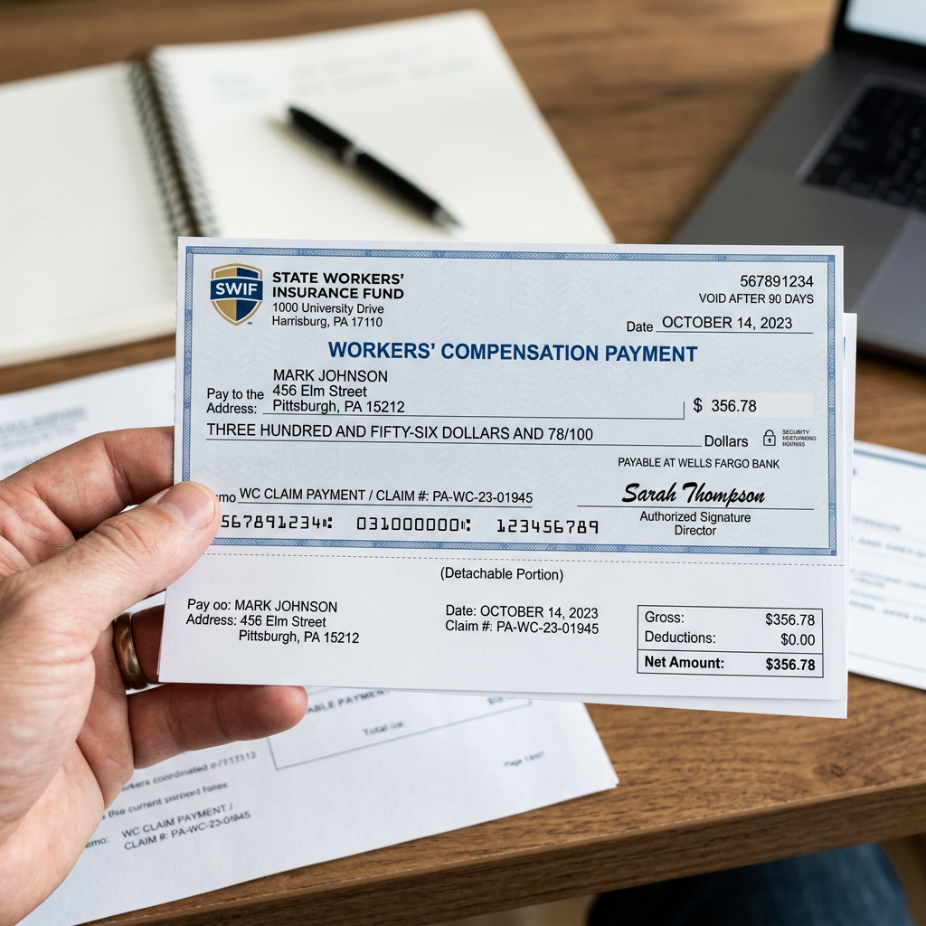 Cheque de pago de indemnización laboral para Mark Johnson por importe de $356,78