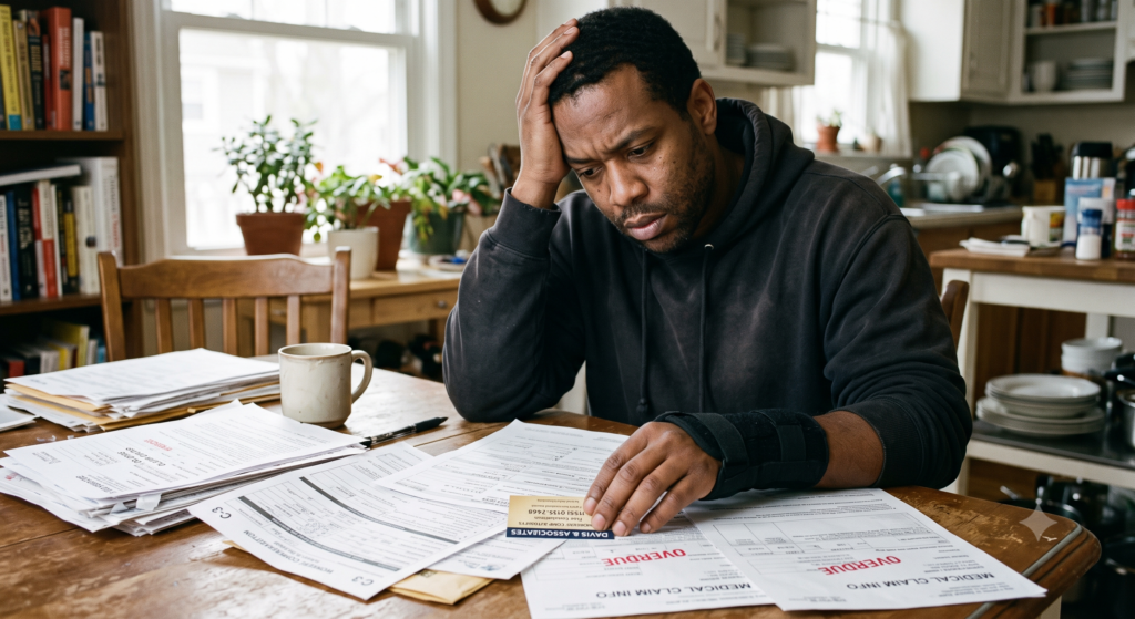 Injured worker at a table in Utah, looking stressed while holding a business card from their workers' compensation lawyer and reviewing claim paperwork.