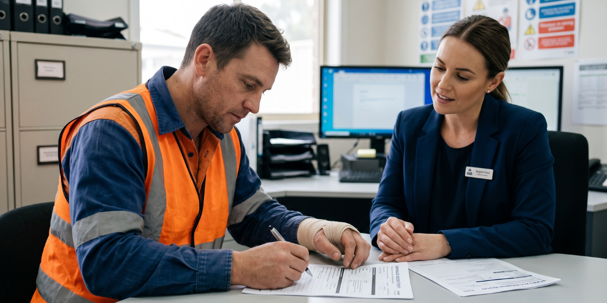 An injured construction worker with a bandaged wrist completing a formal workplace injury report form with his supervisor in a Utah office.