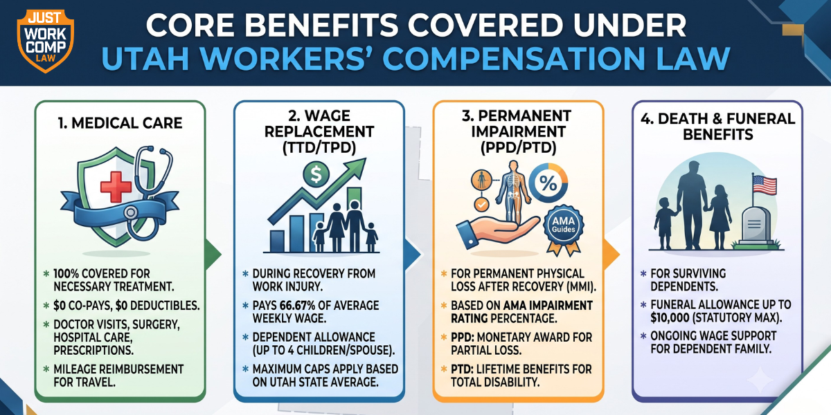 Diagram detailing medical care, wage loss rates, and permanent impairment benefits under Utah workers' compensation law.