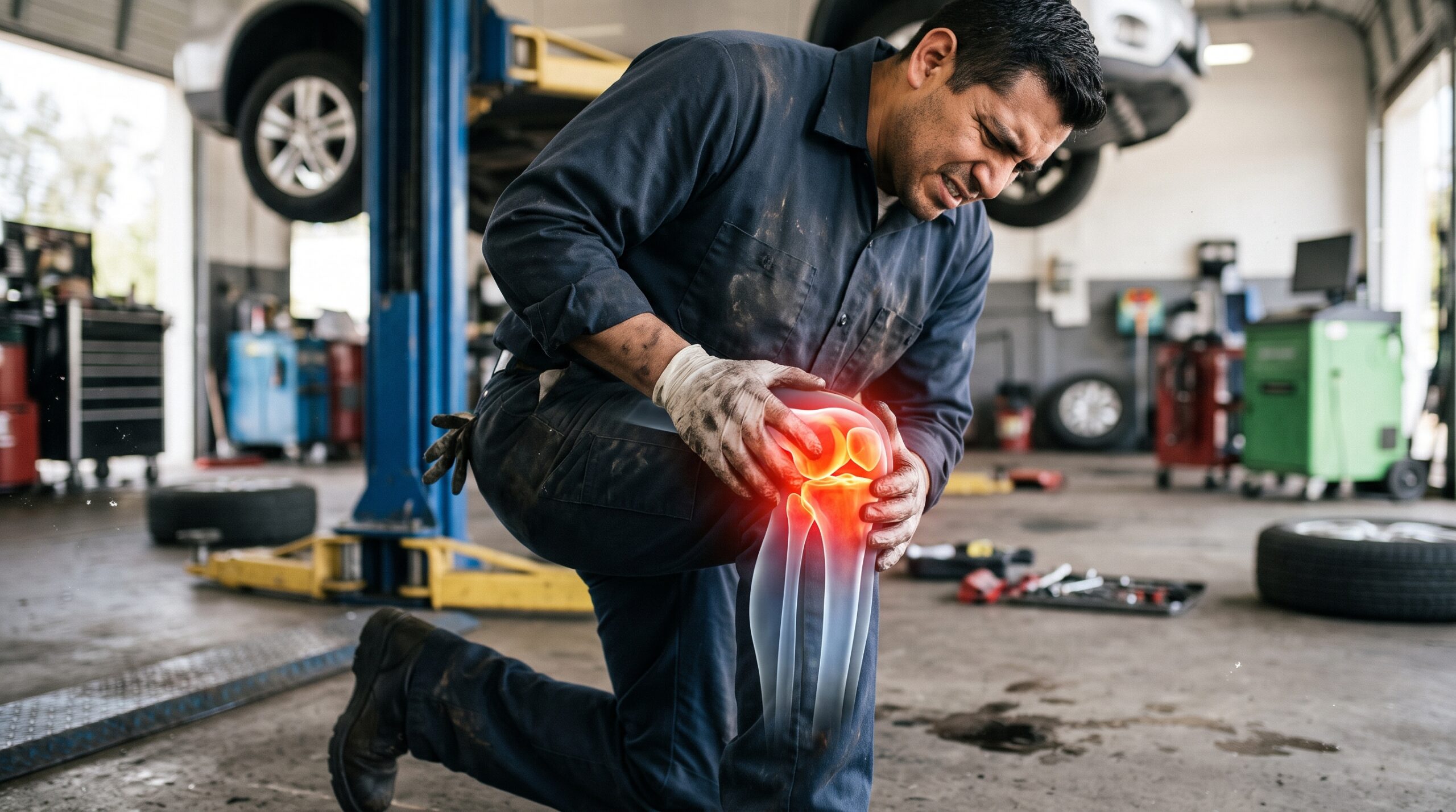 mechanic with an injured knee