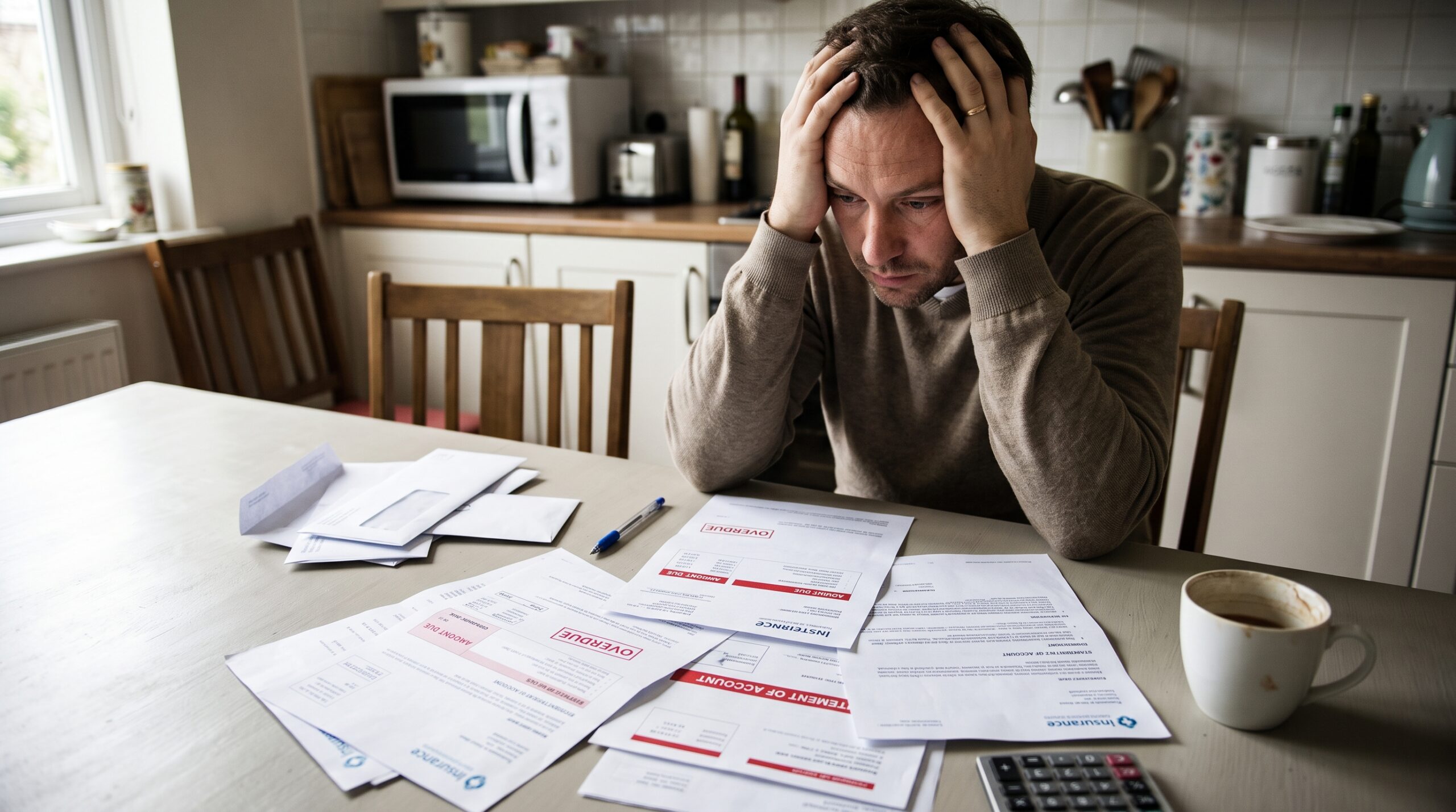 A stressed person reviewing denied medical bills and letters from overlapping insurance companies at their kitchen table.