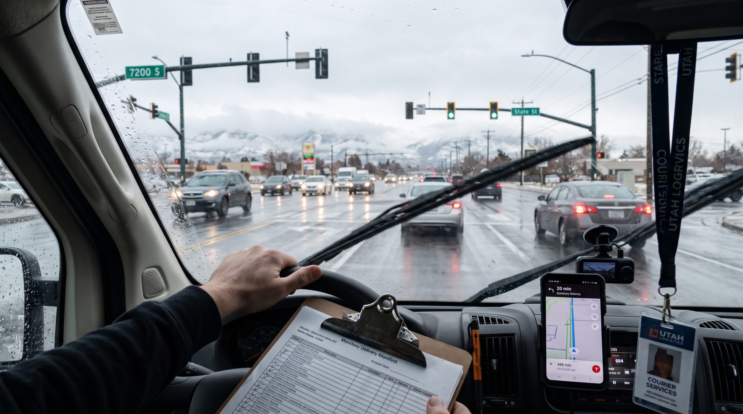 A view from the driver's seat of a car navigating traffic while working.