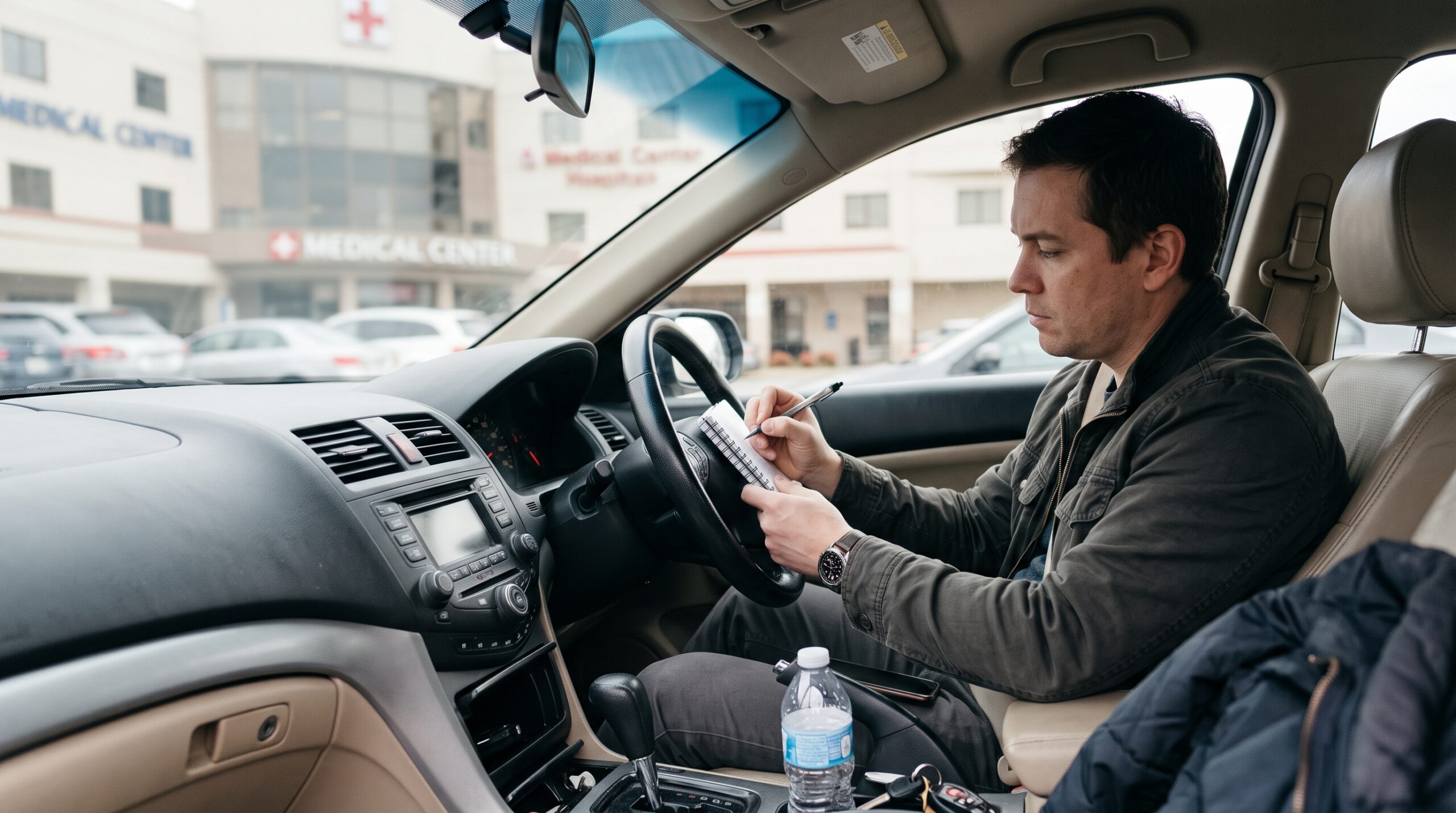 Injured worker sitting in a car filling out a medical mileage logbook after a doctor's appointment.