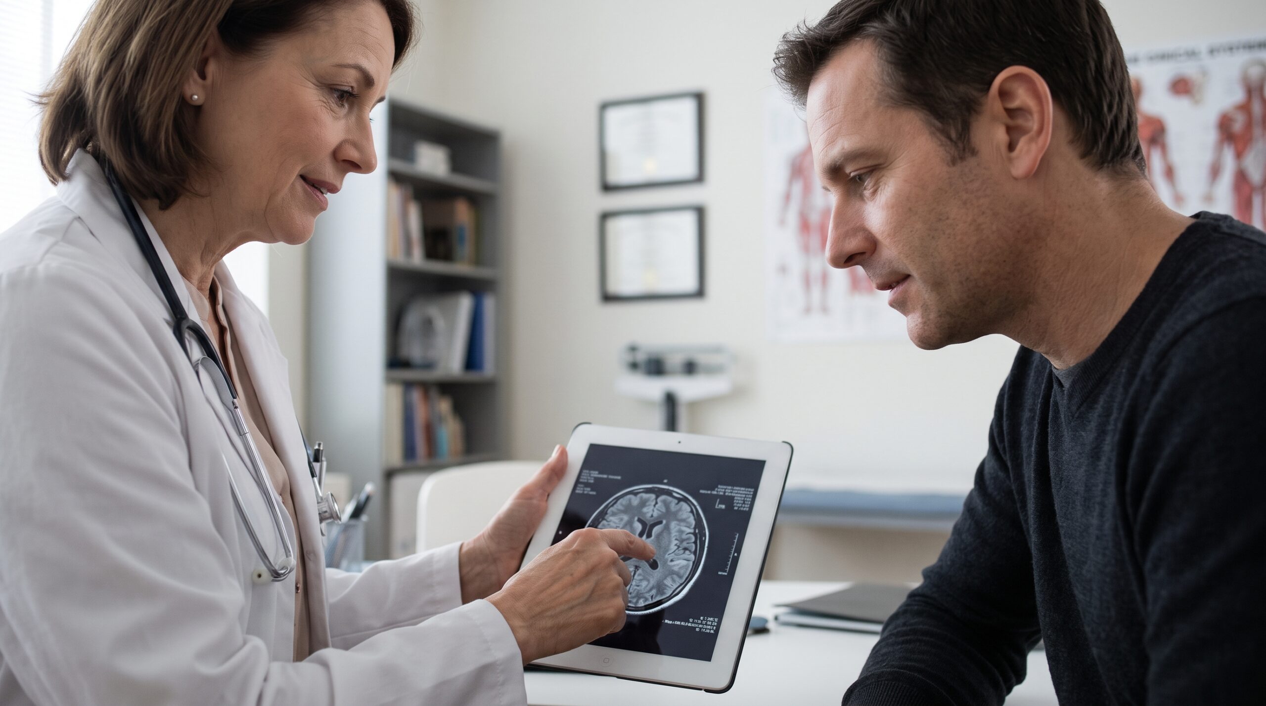 A doctor reviewing medical records and imaging with an injured patient to determine the cause of their joint pain.