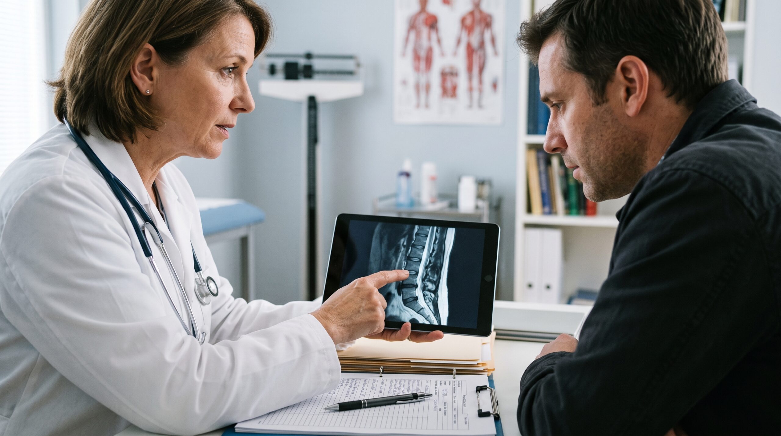 A doctor explaining medical records and imaging to a patient to determine the cause of their joint pain.